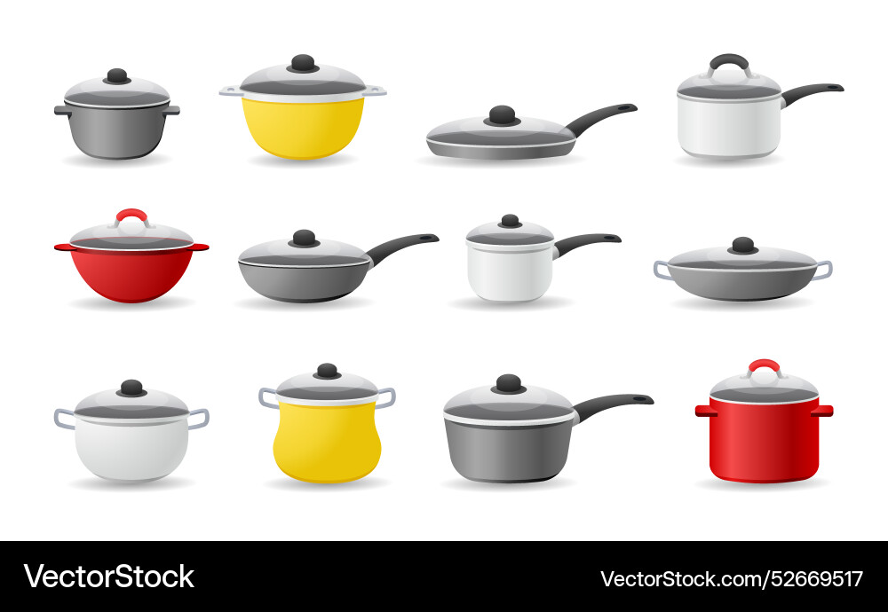 Cooking pans kitchen pots metal saucepans cook Cooking pans kitchen pots metal saucepans cook vector image