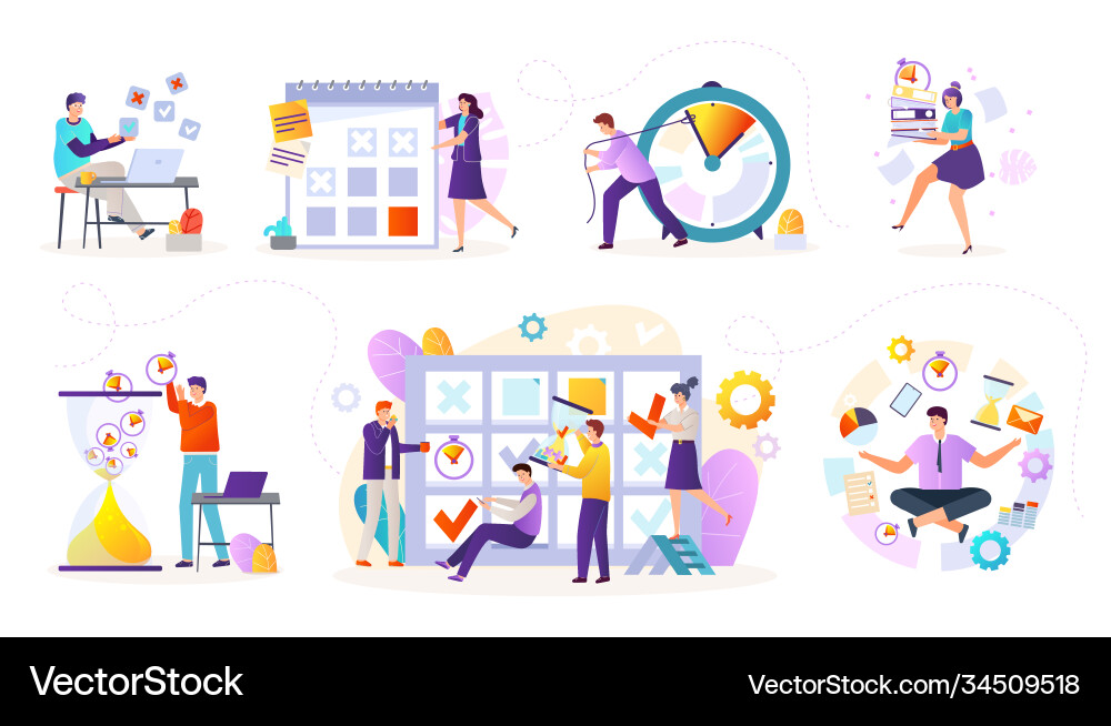 Time management flat icons set with task Time management flat icons set with task Vector Image