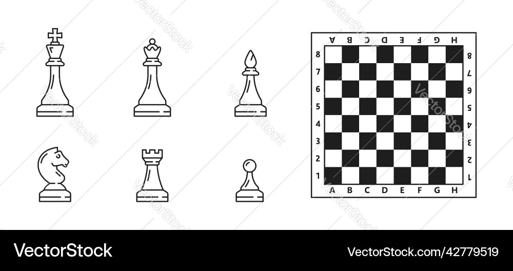 Chess piece icons and board king horse queen vector image