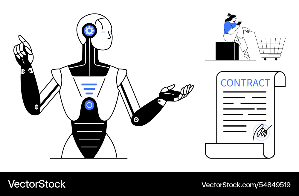 Robot presenting digital contract with pensive Robot presenting digital contract with pensive vector image