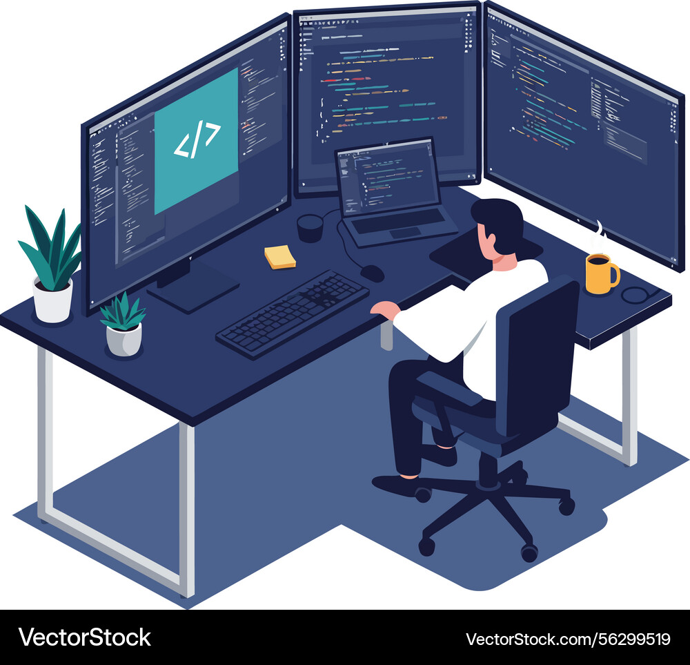 Software developer working at desk with three vector image