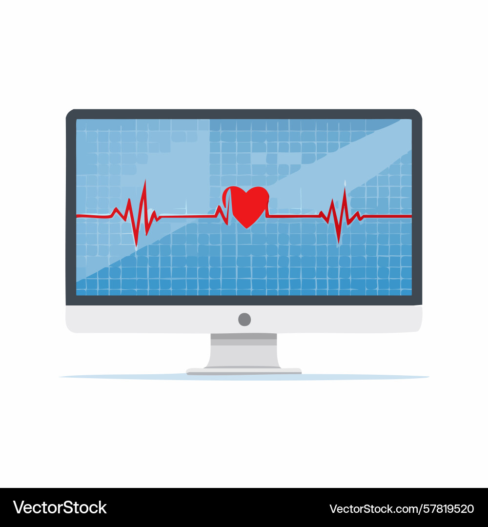 Heartbeat line on computer monitor with blue grid vector image