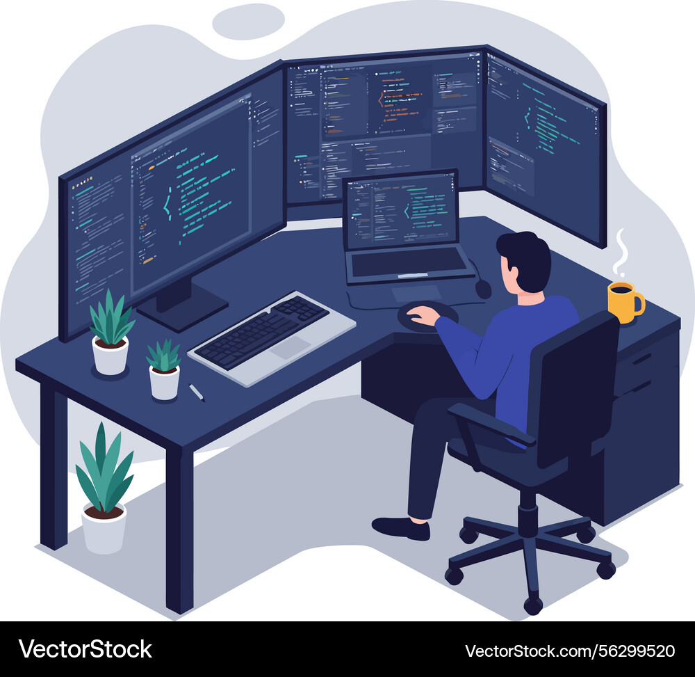 Programmer working on multiple screens with code Programmer working on multiple screens with code vector image