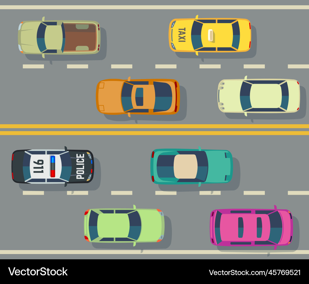 Road top view cartoon cars on asphalt highway Road top view cartoon cars on asphalt highway vector image