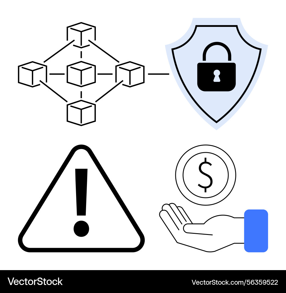 Blockchain network secure shield warning sign Blockchain network secure shield warning sign vector image