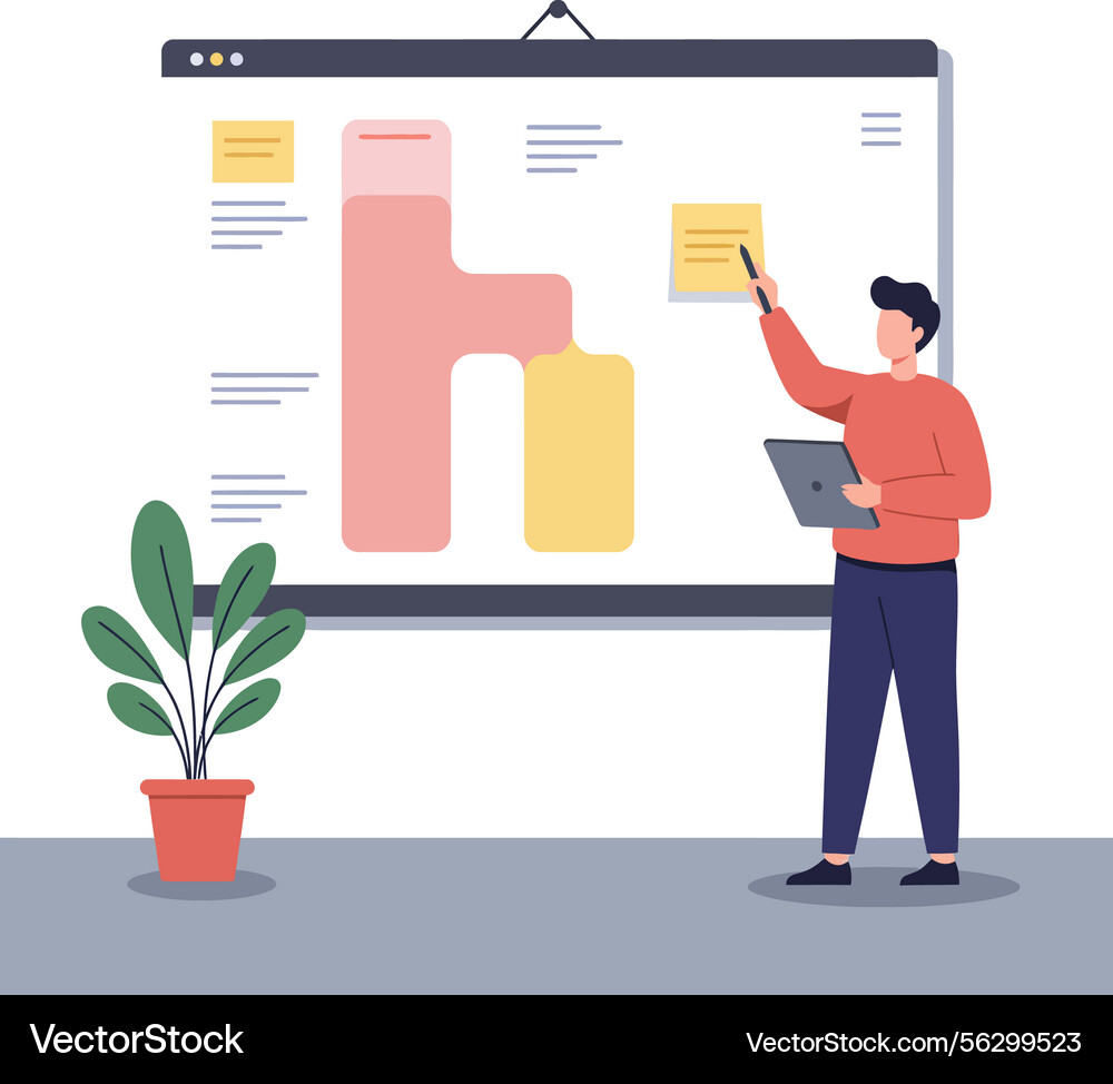 Man presenting data on chart with laptop Man presenting data on chart with laptop vector image