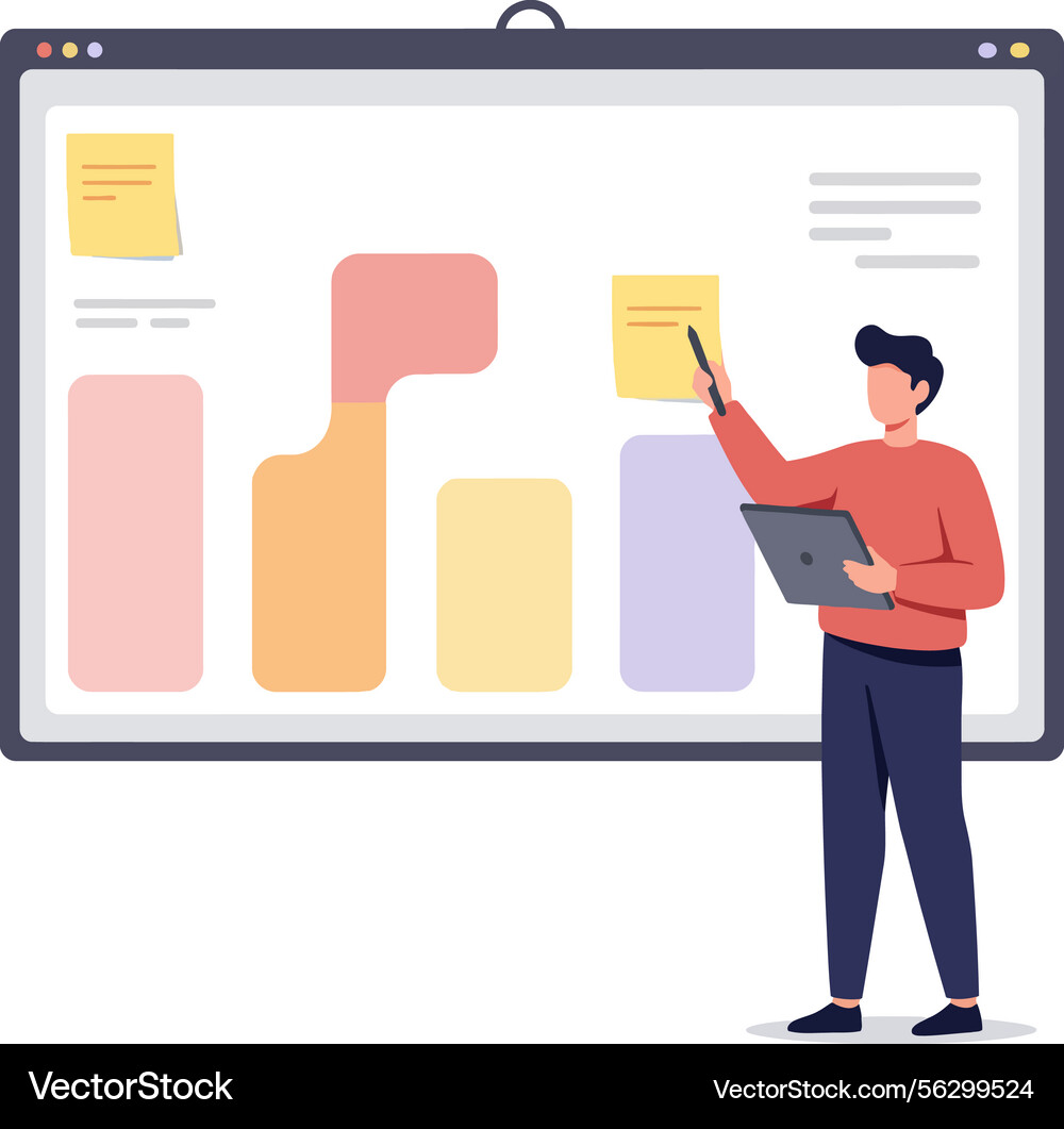 Man presenting colorful bar chart data on large Man presenting colorful bar chart data on large vector image