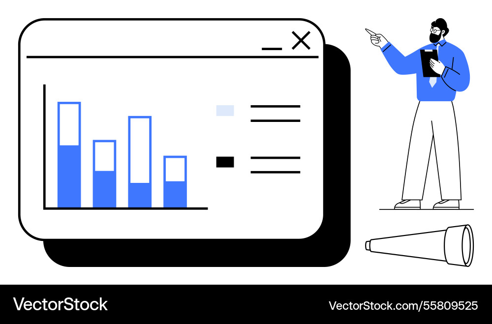 Man analyzing bar chart on screen with telescope Vector Image