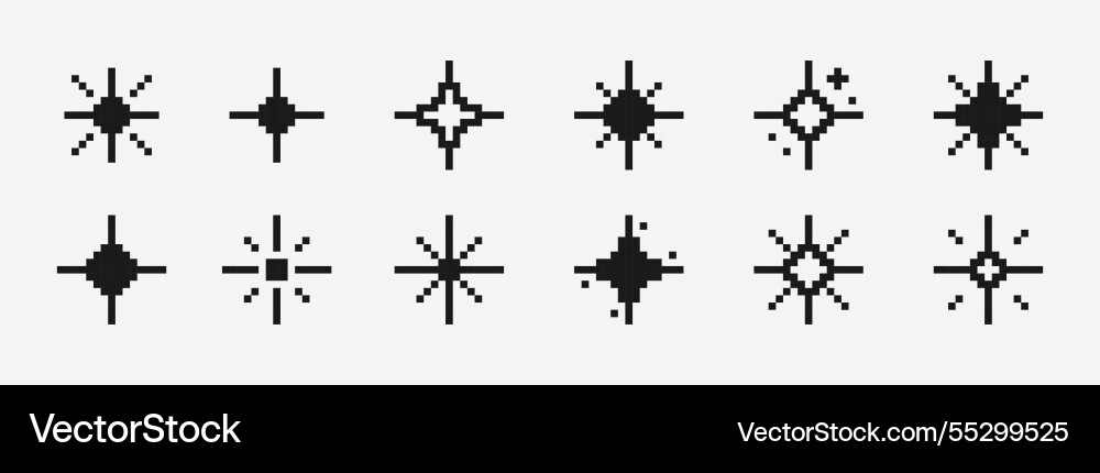 Pixel art sparkling stars flashes fireworks set Pixel art sparkling stars flashes fireworks set vector image