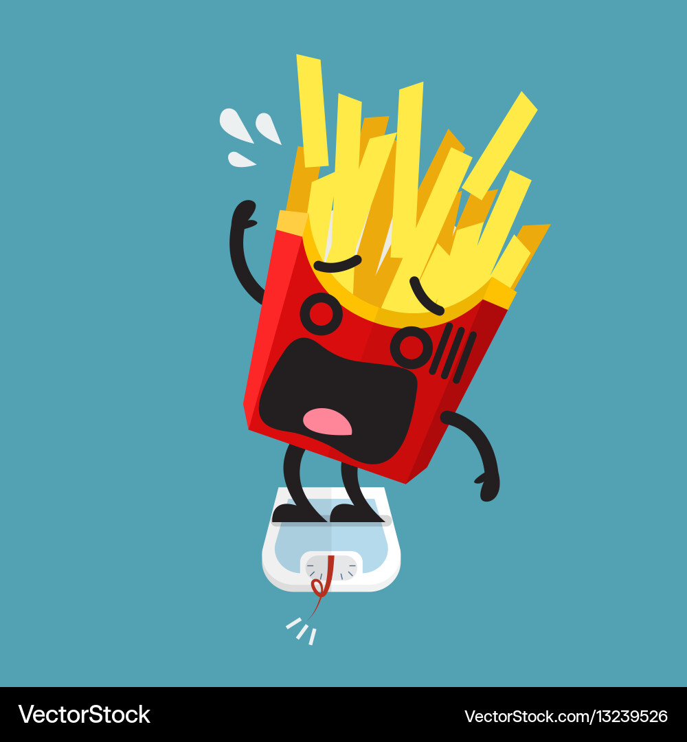 Overweight french fries character on weight scale Overweight french fries character on weight scale vector image
