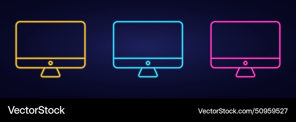 Neon computer monitor icon on dark background Vector Image
