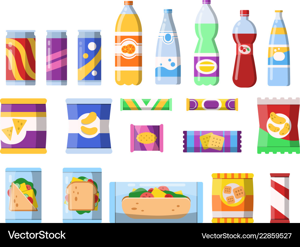 Snacks und Getränke Merchandising Produkte schnell Snacks und Getränke Merchandising Produkte schnell vektorbild