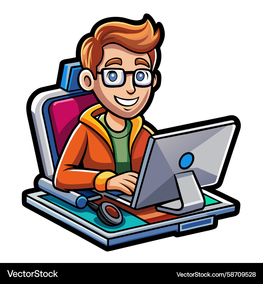 Cartoon Programmer at Computer Vector Image
