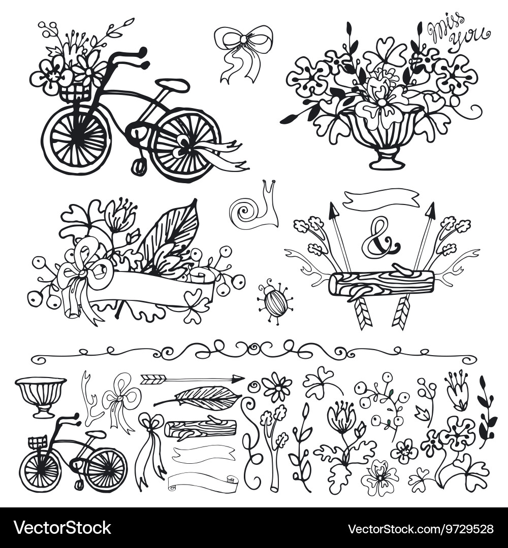 Doodle floral grouphand sketched element set vector image