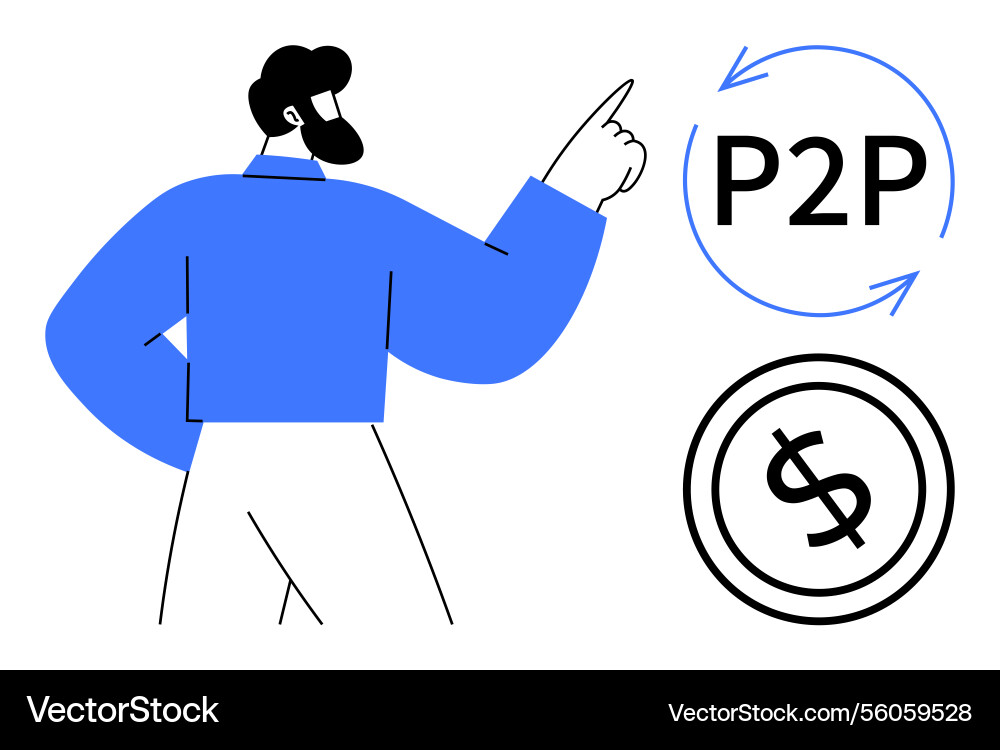 Man gesturing toward p2p concept with circular vector image
