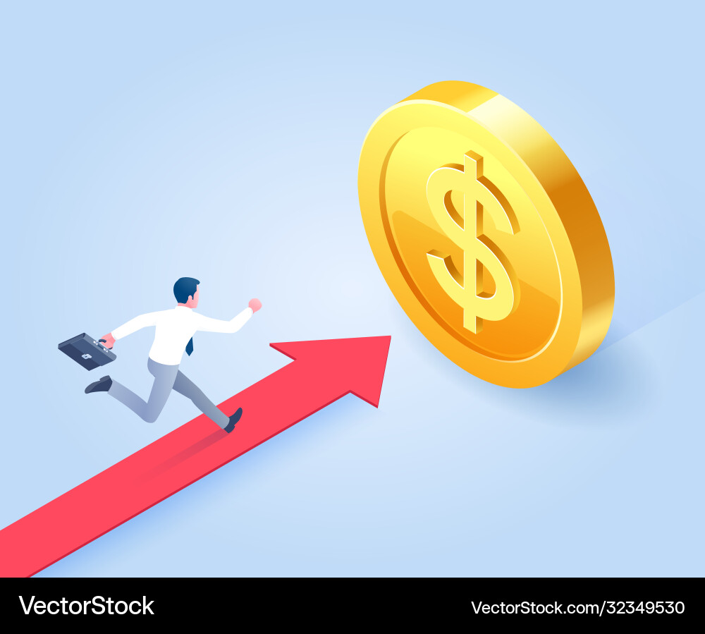 Businessman run on red arrow to gold target Businessman run on red arrow to gold target vector image