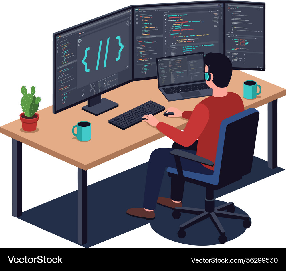 Programmer working on multiple screens coding vector image
