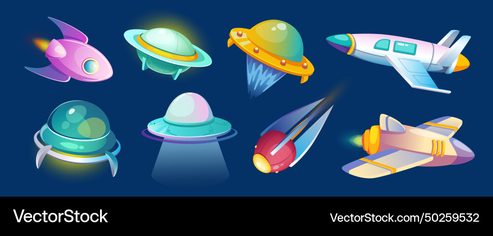 Alien spaceships mega set in cartoon graphic Vector Image