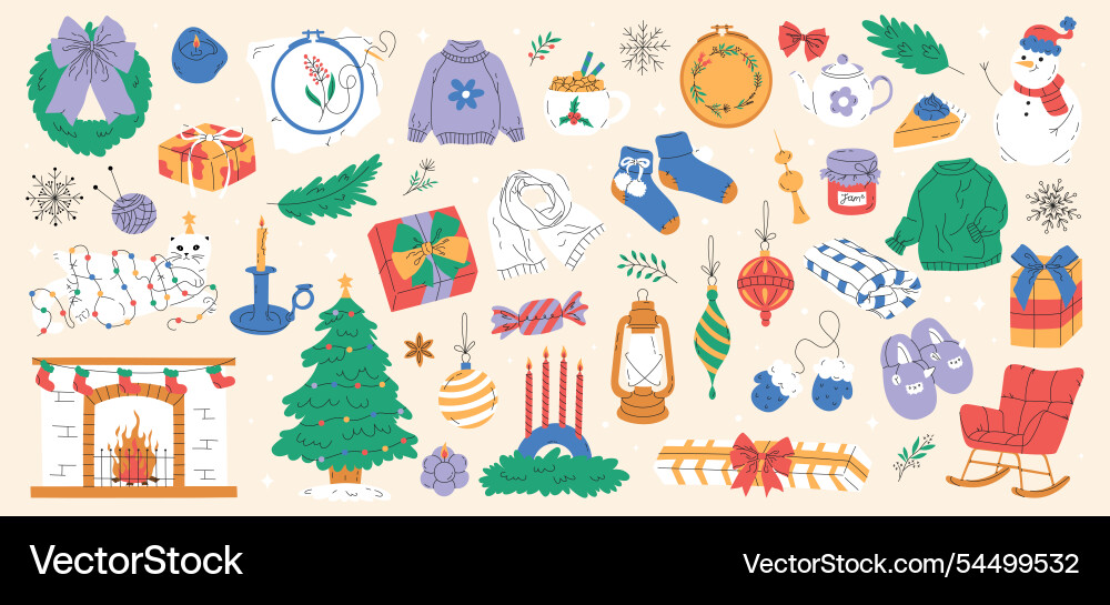 Cozy hand drawn flat set of christmas and new year Cozy hand drawn flat set of christmas and new year vector image