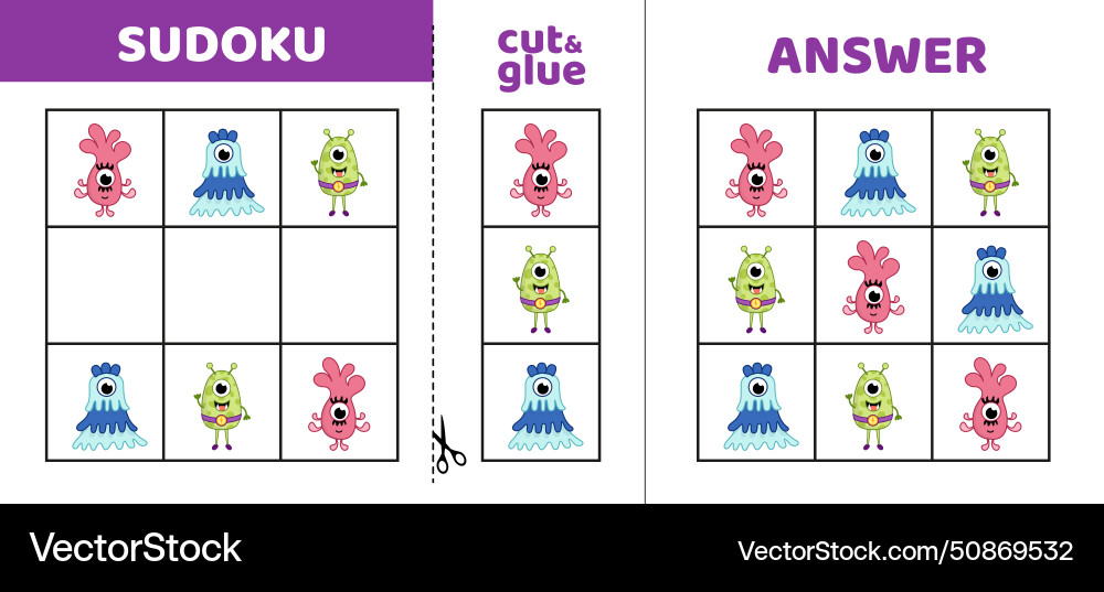 Easy sudoku with three aliens game puzzle Vector Image