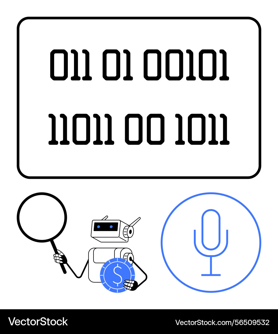 Roboteranalyse Binärcode mit Lupe Roboteranalyse Binärcode mit Lupe Vektorbild