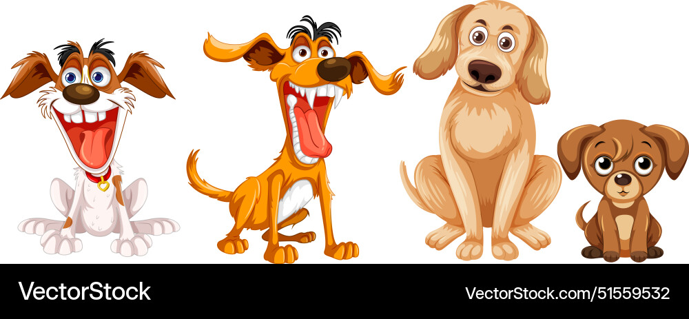 Vier Cartoonhunde mit fröhlichen Ausdrücken Vier Cartoonhunde mit fröhlichen Ausdrücken vektorbild