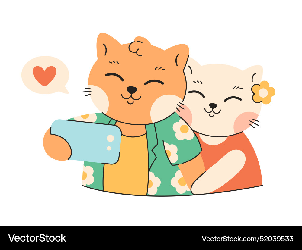 Cute cat couple taking a selfie with smartphone Cute cat couple taking a selfie with smartphone vector image