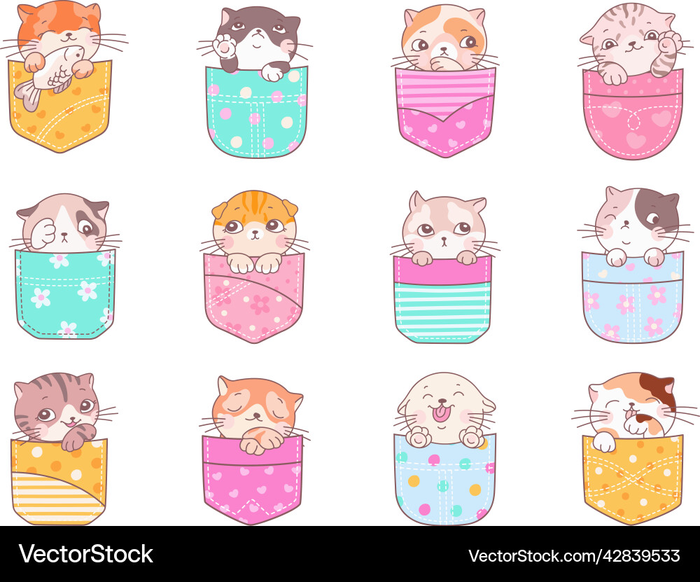 Kittens in pockets kawaii pocket kitten happy Kittens in pockets kawaii pocket kitten happy vector image