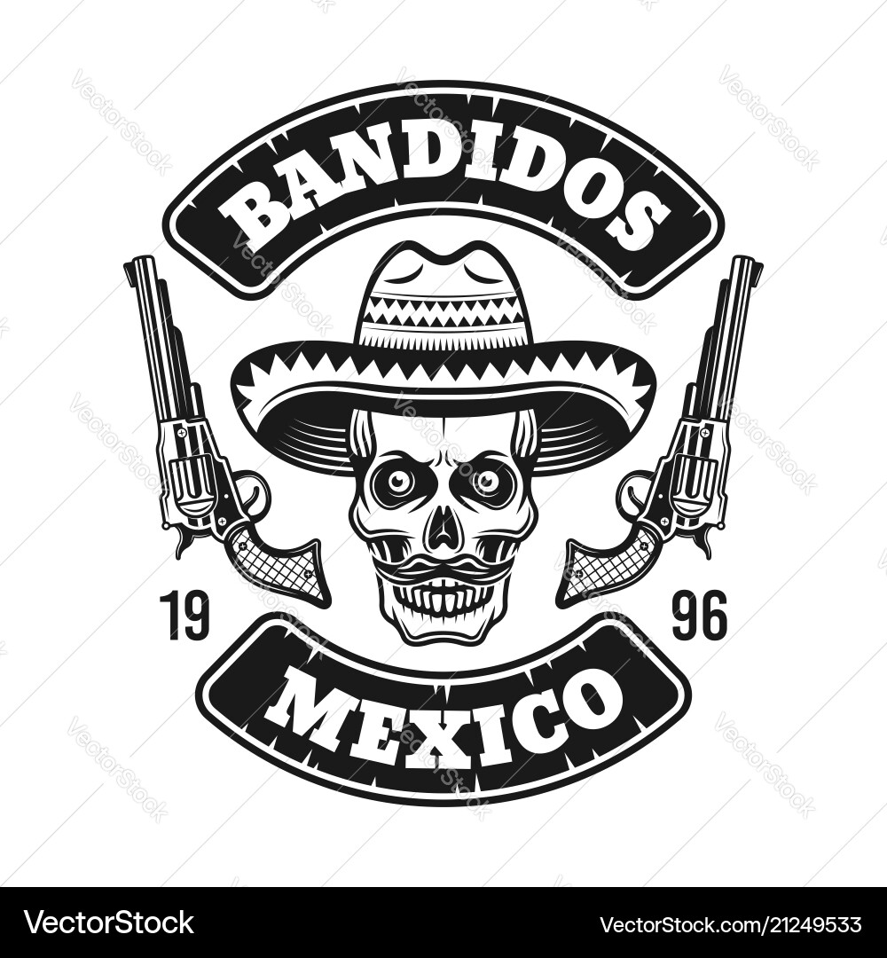 Mexican bandit emblem with skull in sombrero Mexican bandit emblem with skull in sombrero vector image