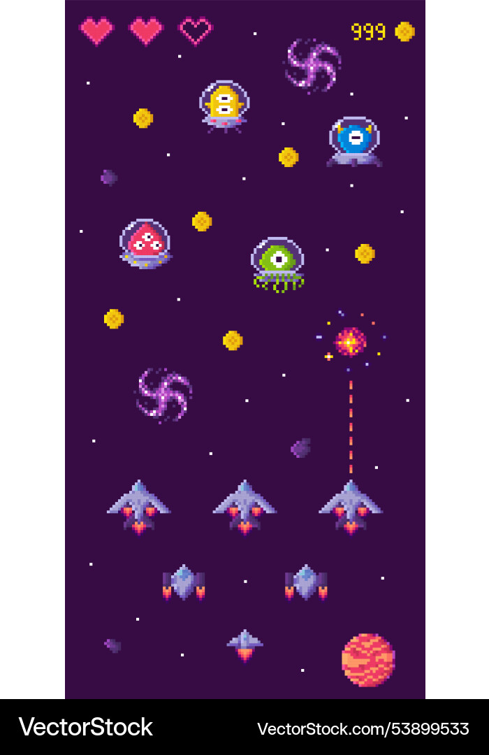 Retro space shooter game with colorful spacecraft Retro space shooter game with colorful spacecraft vector image