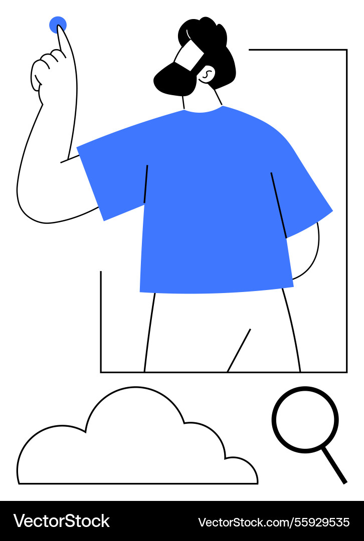 Man exploring ideas with a raised hand magnifying Man exploring ideas with a raised hand magnifying Vector Image