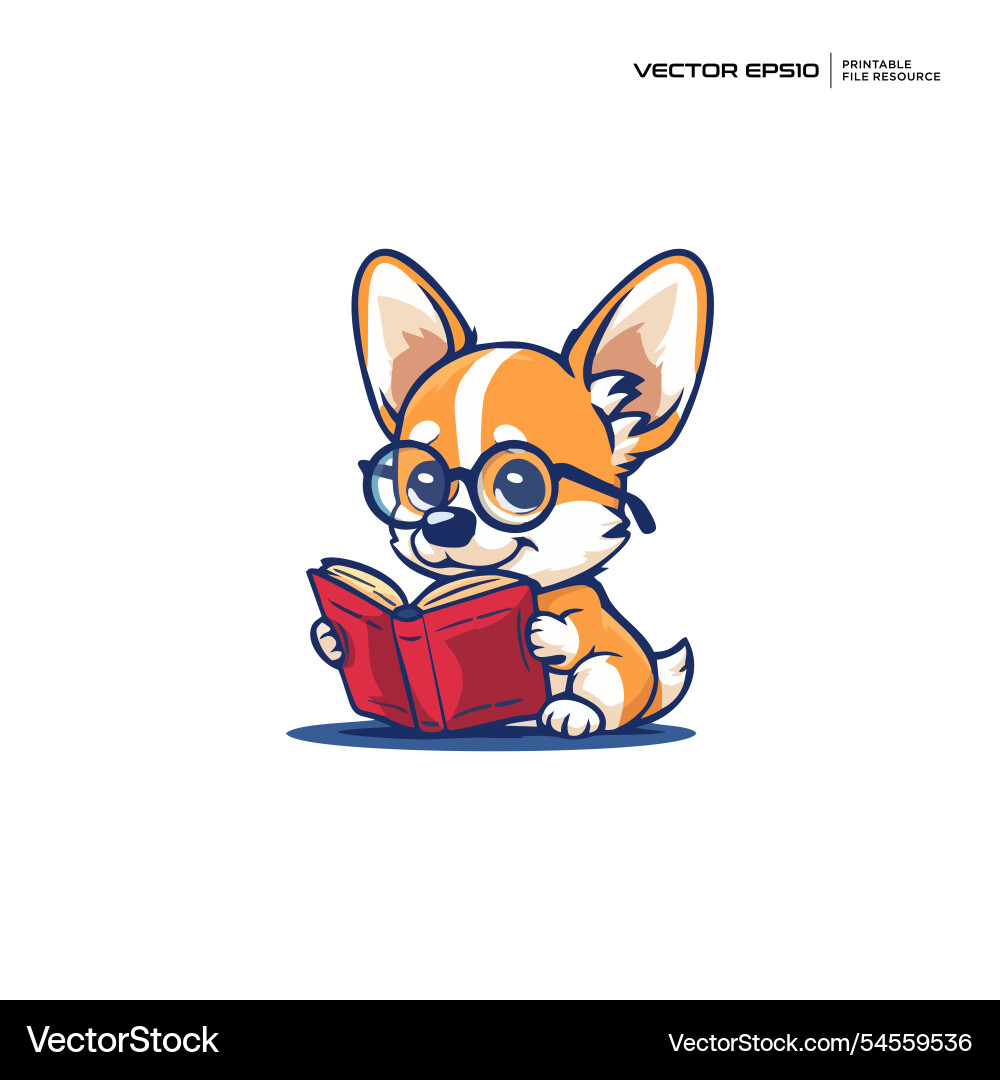 Cute dog reading book nerd character mascot logo Vector Image