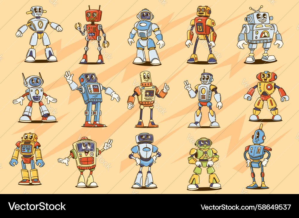 Groovy robot characters of retro hippie bot toys Groovy robot characters of retro hippie bot toys Vector Image