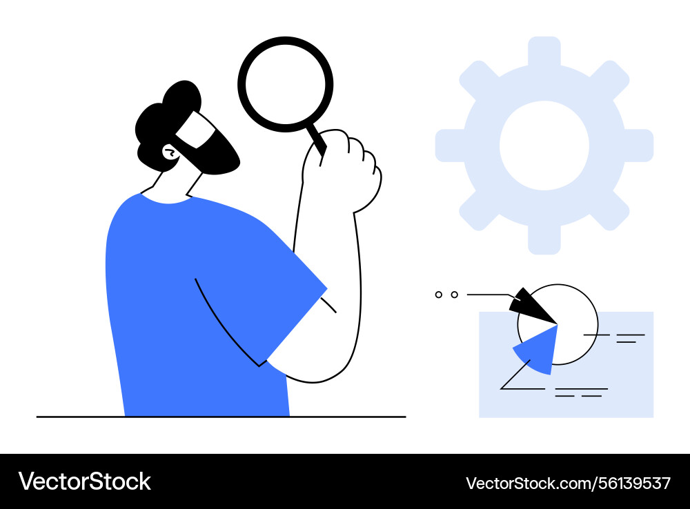 Man examining data with magnifying glass next Man examining data with magnifying glass next vector image