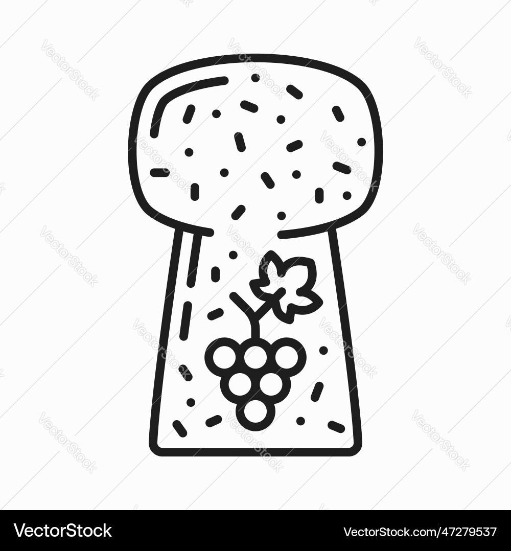 Wine cork with grape branch print outline icon vector image