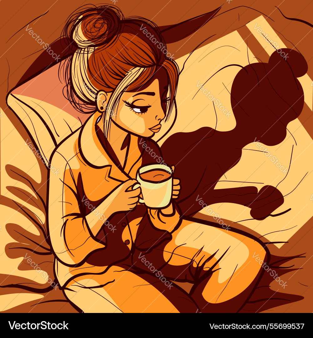 Young woman with messy hairbun sitting in bed Young woman with messy hairbun sitting in bed vector image