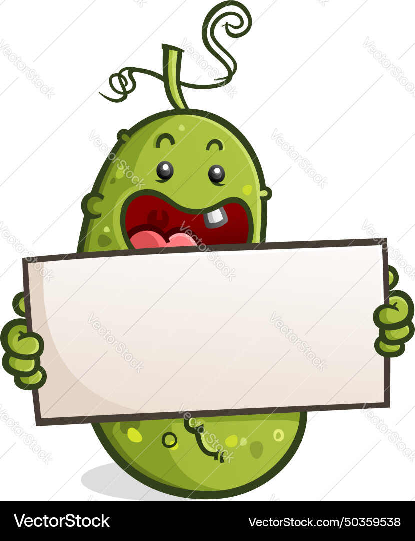 Goofy pickle cartoon character holding blank sign vector image