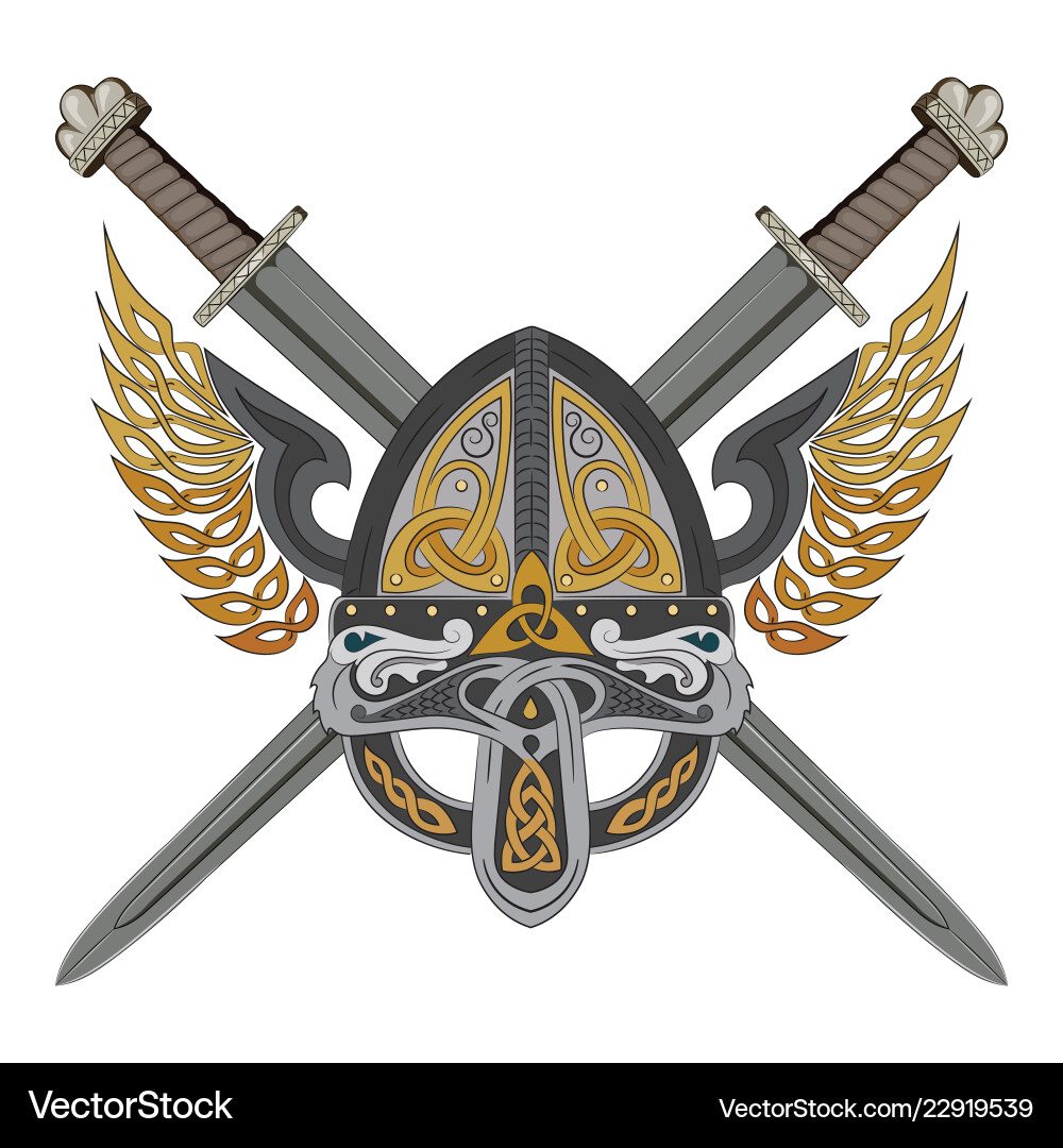 Viking winged helmet with two crossed swords Viking winged helmet with two crossed swords vector image