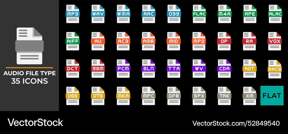 Document file type audio flat icon set extension Vector Image