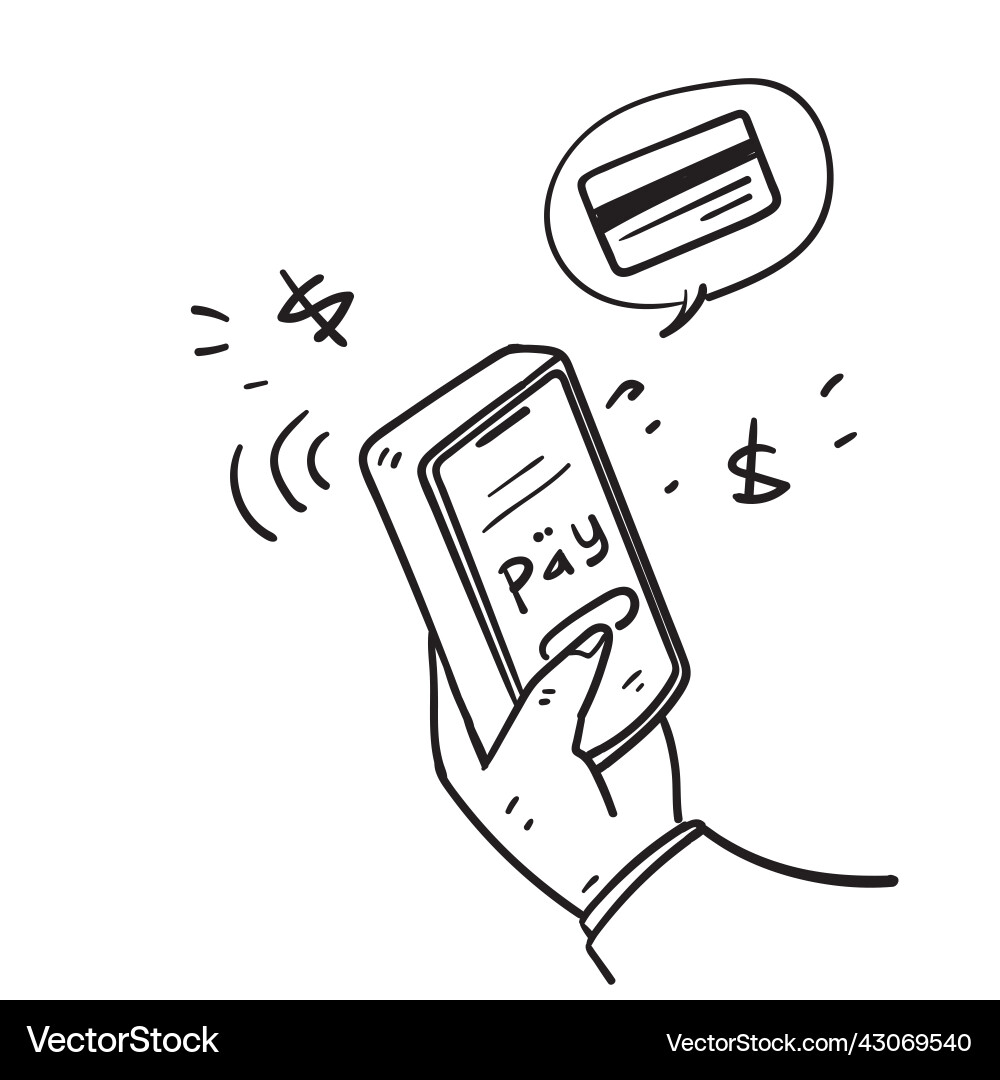 Hand drawn doodle pay with credit card on mobile Hand drawn doodle pay with credit card on mobile vector image