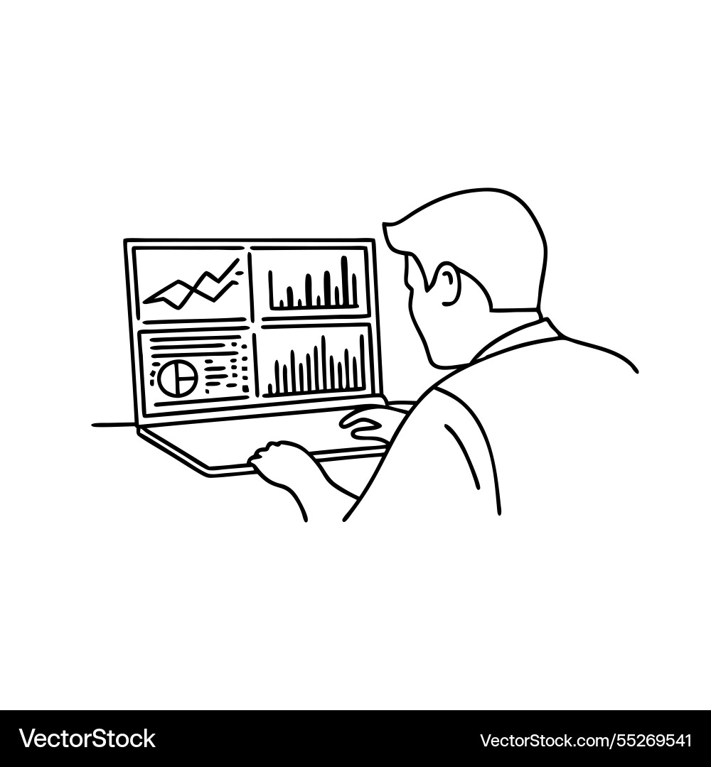 Man focused on a laptop displaying multiple Vector Image