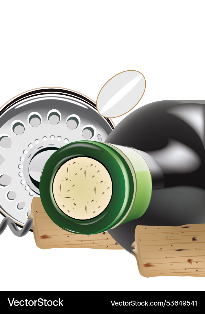 Wine bottle lying down with corkscrew and corks vector image