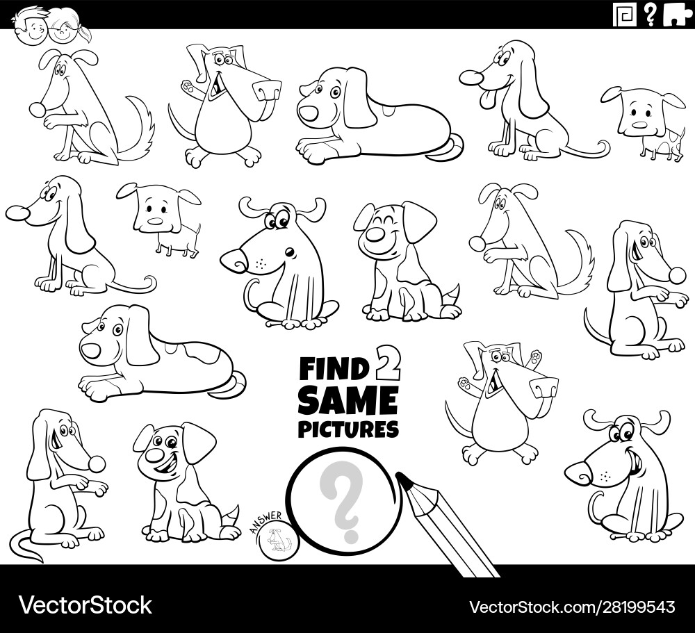 Find two same dog characters game color book vector image