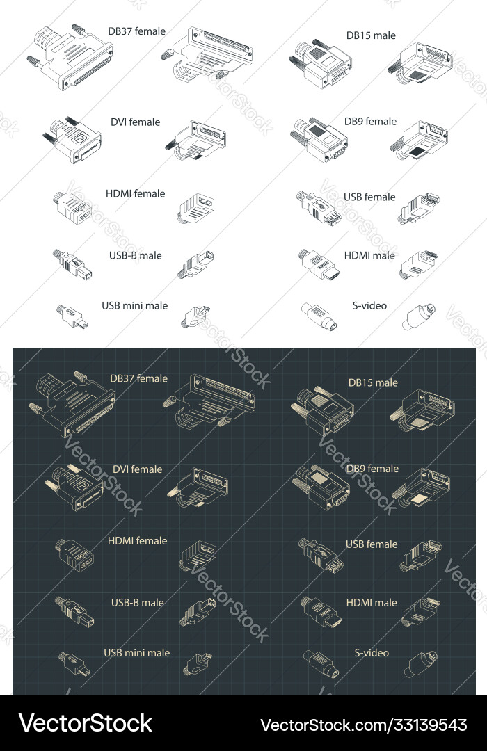 Interface plug and sockets isometric drawing Interface plug and sockets isometric drawing vector image