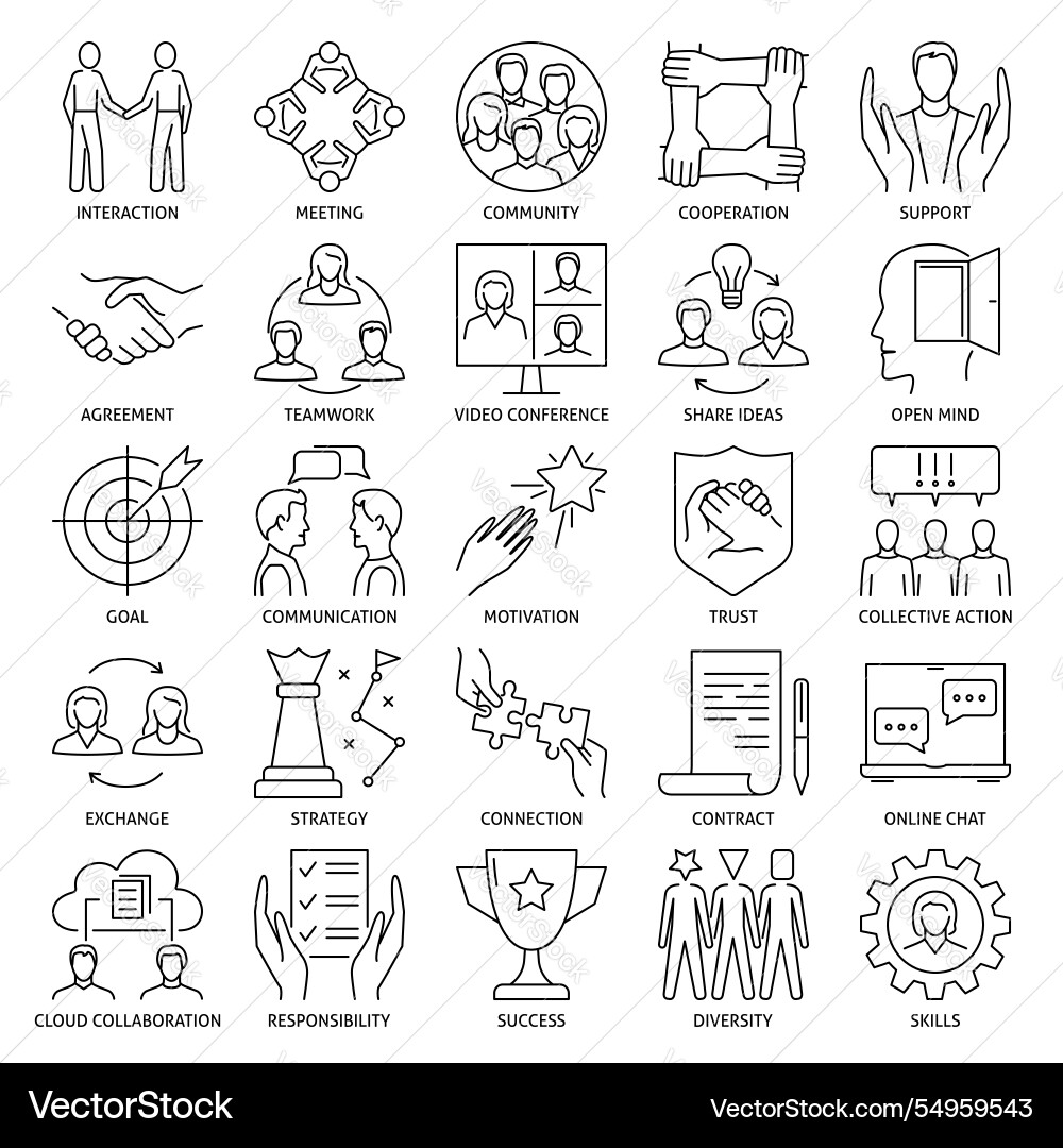 Teamwork and collaboration line icon set Vector Image