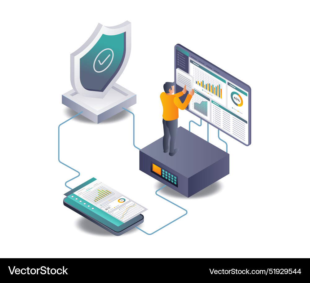 Man analyzing security data of cloud servers Man analyzing security data of cloud servers vector image