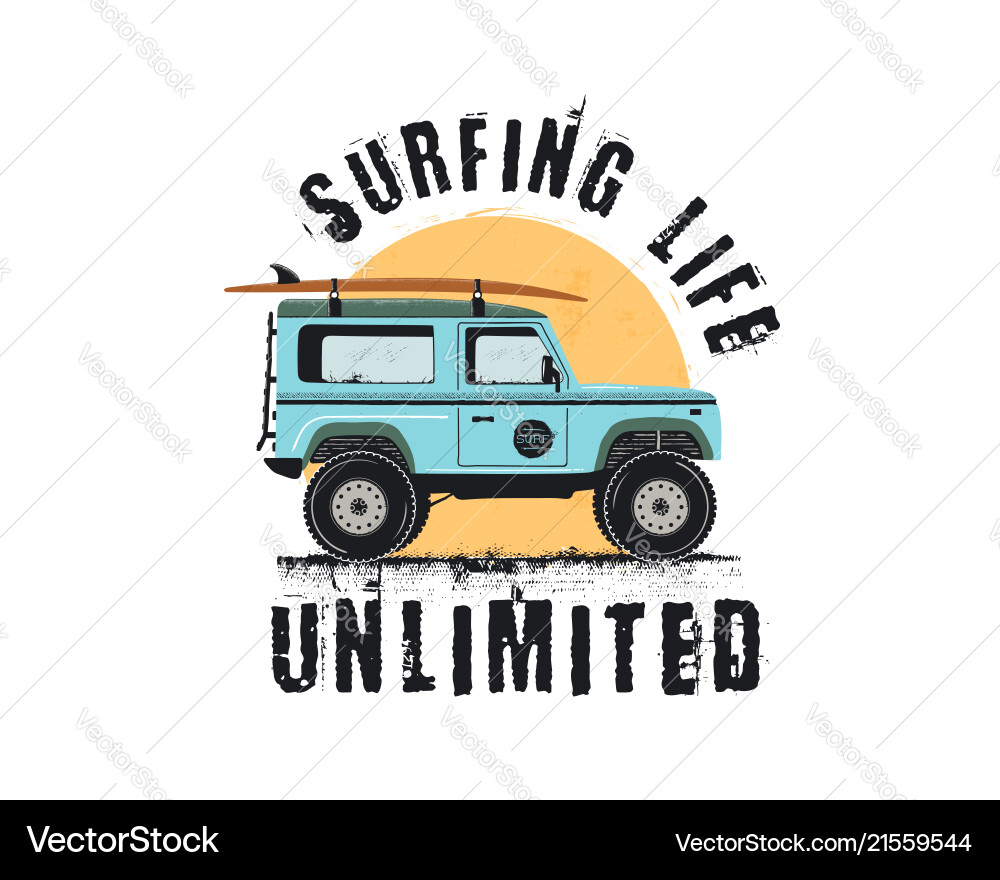 Vintage surf emblem with retro woodie car surfing vector image