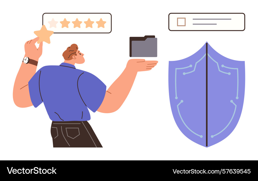 Man evaluating file security with star ratings Man evaluating file security with star ratings vector image
