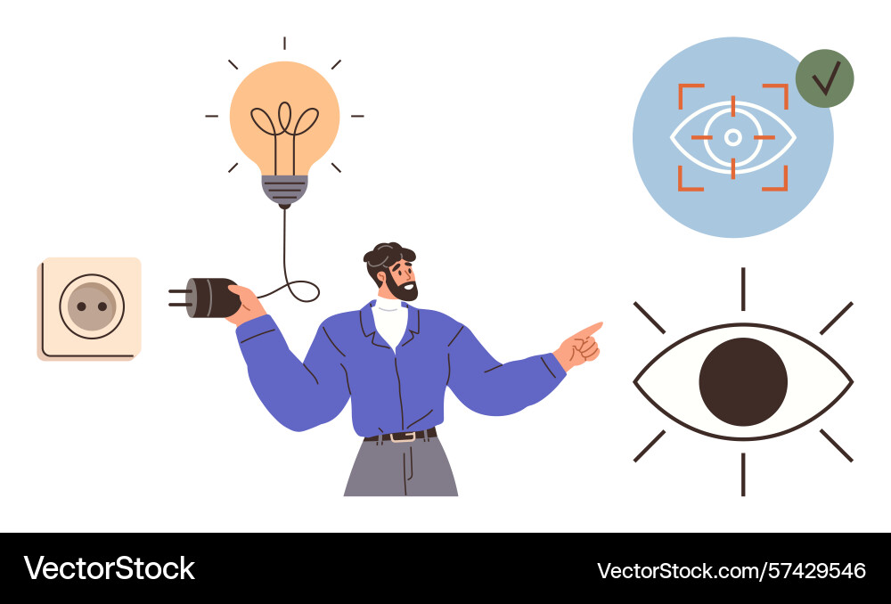Man connecting plug to lightbulb with visual Man connecting plug to lightbulb with visual vector image