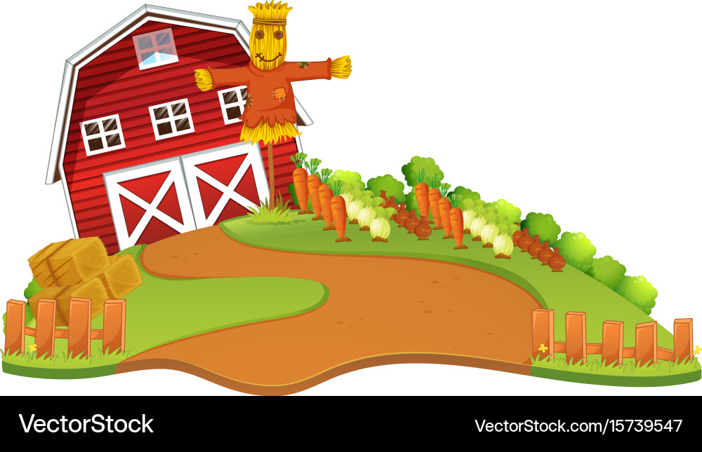 Rural Farm Scene with Scarecrow and Garden Vector Image